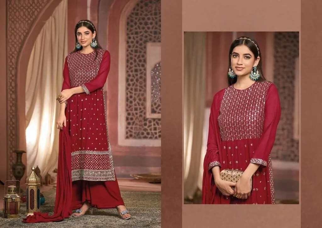 Red Georgette Embroidered Party-Wear Designer Palazzo Suits For Women