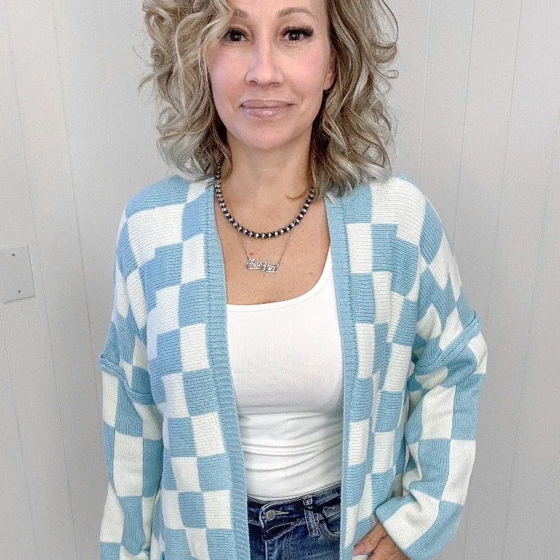 Blakeley Blue Beverly Checkered Print Open Front Cardigan