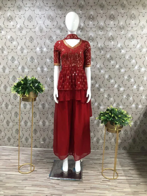 Red Georgette Heavy Thread Embroidery Elegant Sharara Suit