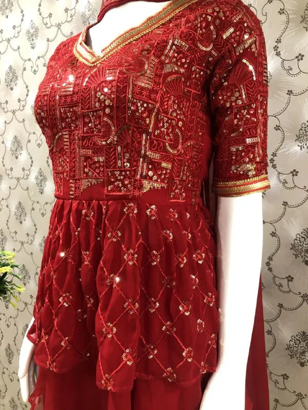 Red Georgette Heavy Thread Embroidery Elegant Sharara Suit