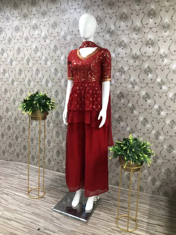 Red Georgette Heavy Thread Embroidery Elegant Sharara Suit