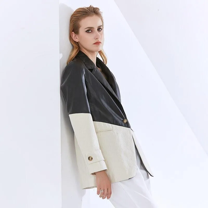 Patchwork PU Leather Blazer Women - Casual - Patchwork