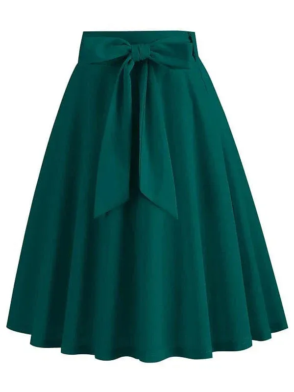 Elegant Vintage High Waist Swing Midi Skirt with Pockets and Belt