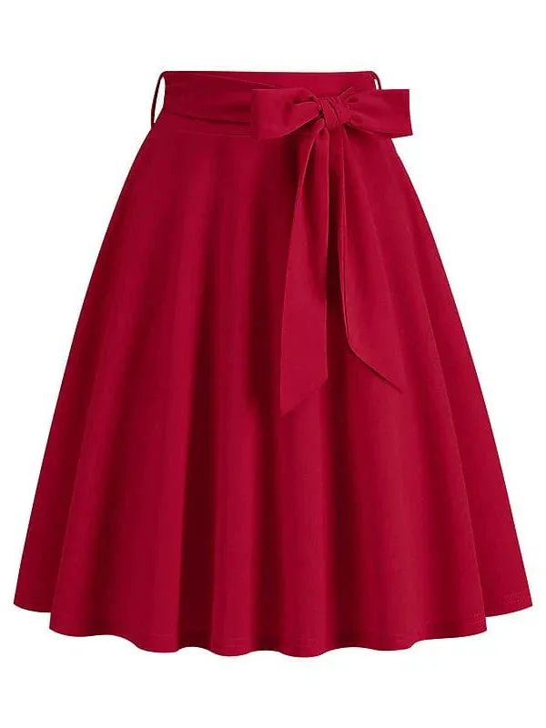 Elegant Vintage High Waist Swing Midi Skirt with Pockets and Belt