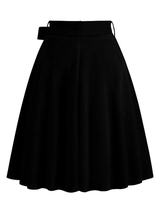 Elegant Vintage High Waist Swing Midi Skirt with Pockets and Belt