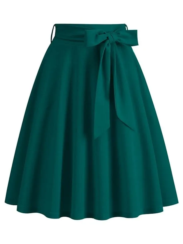 Elegant Vintage High Waist Swing Midi Skirt with Pockets and Belt