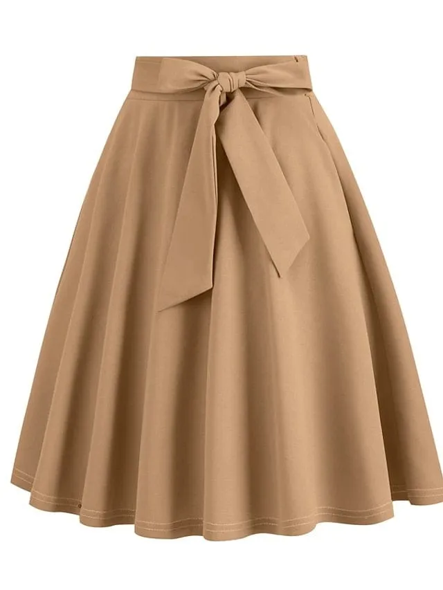 Elegant Vintage High Waist Swing Midi Skirt with Pockets and Belt