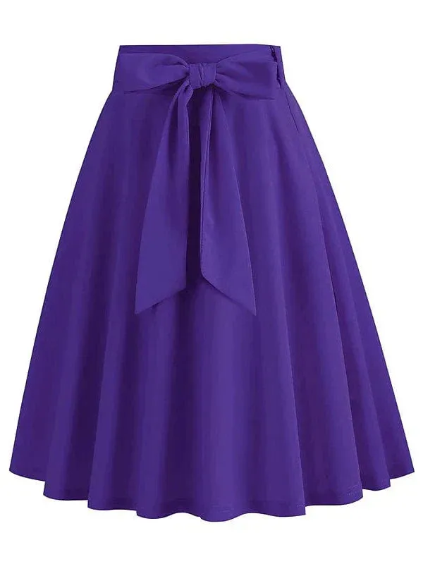 Elegant Vintage High Waist Swing Midi Skirt with Pockets and Belt