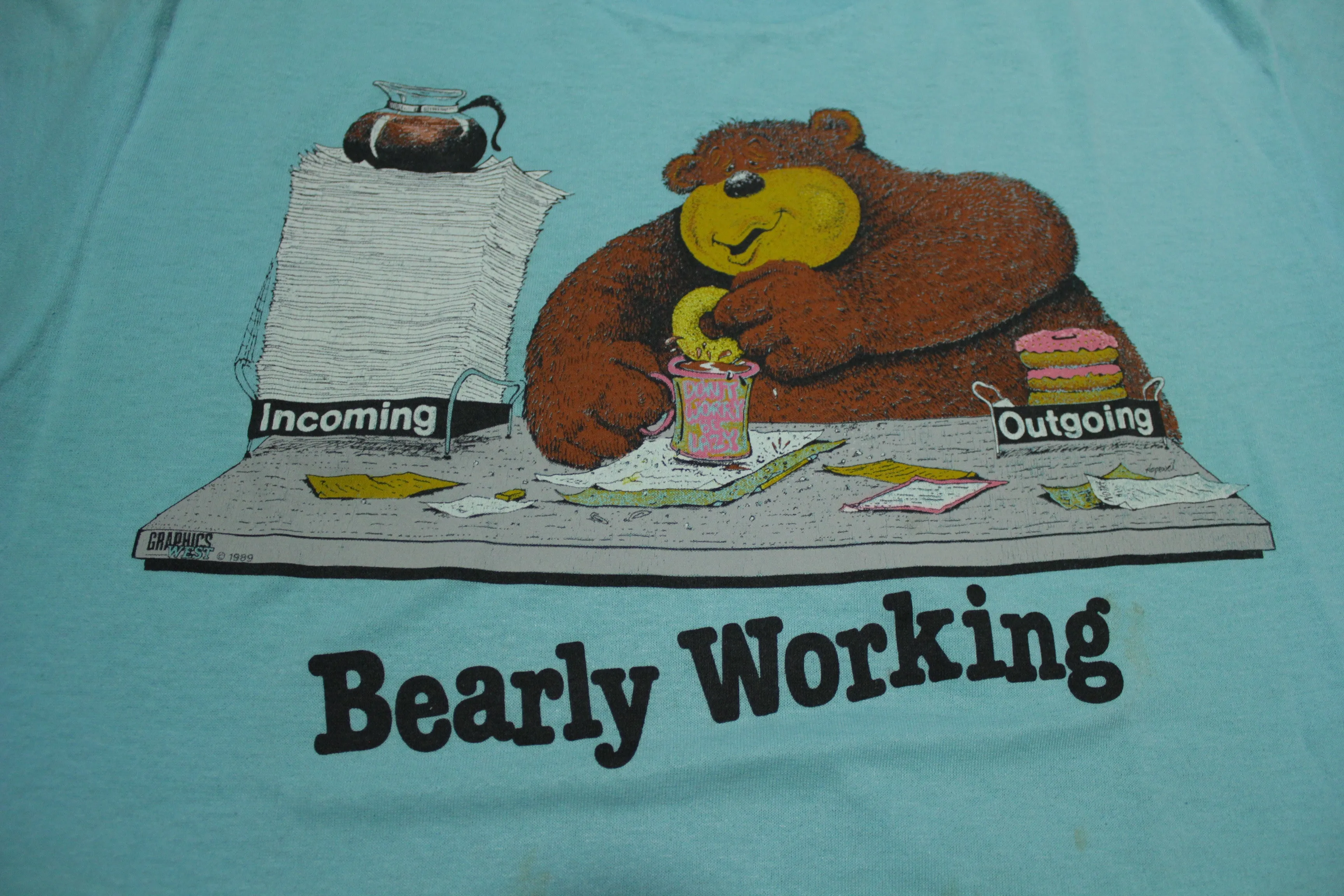 Bearly Working 1989 Graphics West Vintage 80's Funny Cartoon T-Shirt