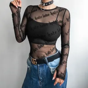 Sexy Women Mesh T-Shirts See-Through Perspective Tshirt Letter Printed O Neck Transparent Long Sleeve T Shirt Tops Women S4744670