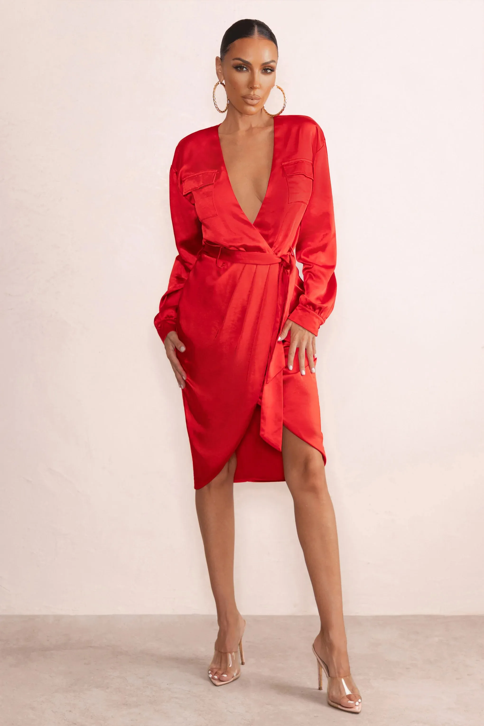 True Romance | Red Satin Plunge Neck Midi Dress With Belt Detail