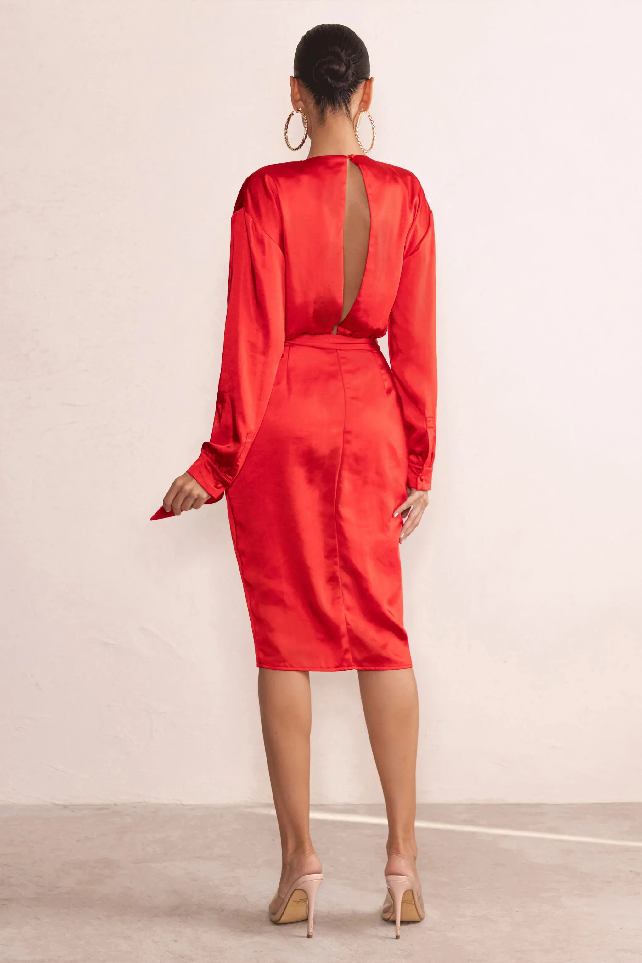 True Romance | Red Satin Plunge Neck Midi Dress With Belt Detail