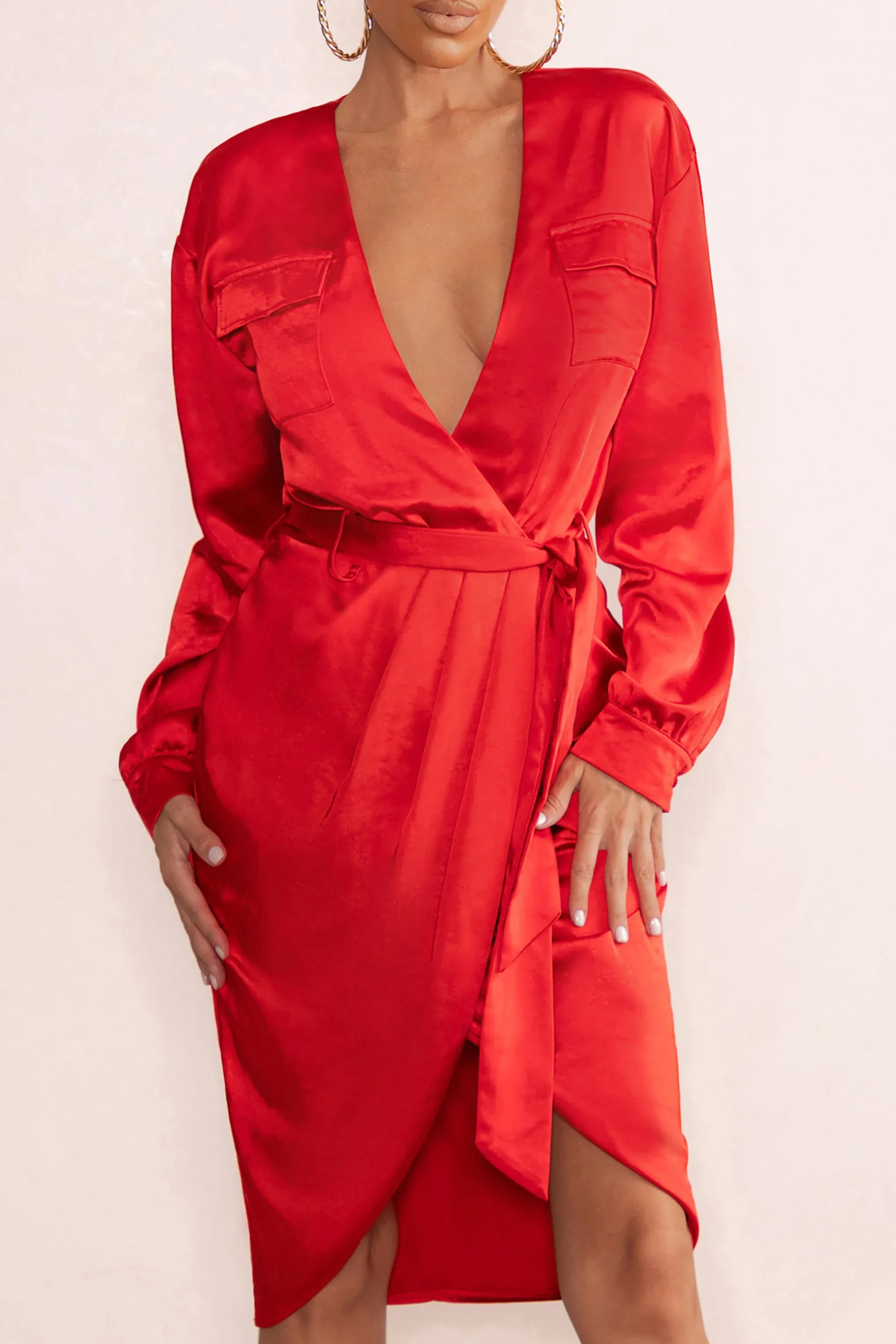 True Romance | Red Satin Plunge Neck Midi Dress With Belt Detail