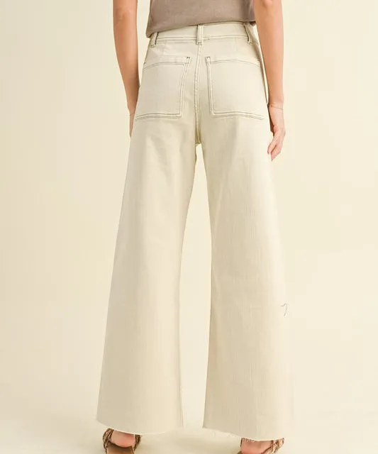 Straight Wide Leg Pants with Front Pockets - Washed Beige