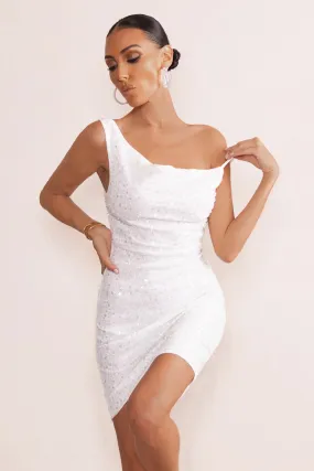 Sparkly Night | White Sequin Cowl Neck Mini Dress