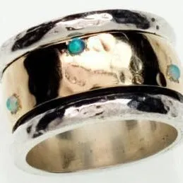 Chunky Spinner Ring for woman. Fidget ring silver gold 9 carats opals ring.