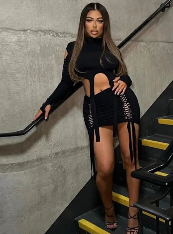 Weaved Cut Out Asymmetrical Crop Top Bodycon Mini Skirt Set