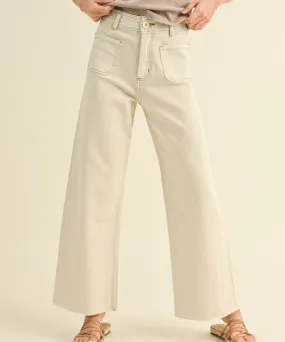 Straight Wide Leg Pants with Front Pockets - Washed Beige