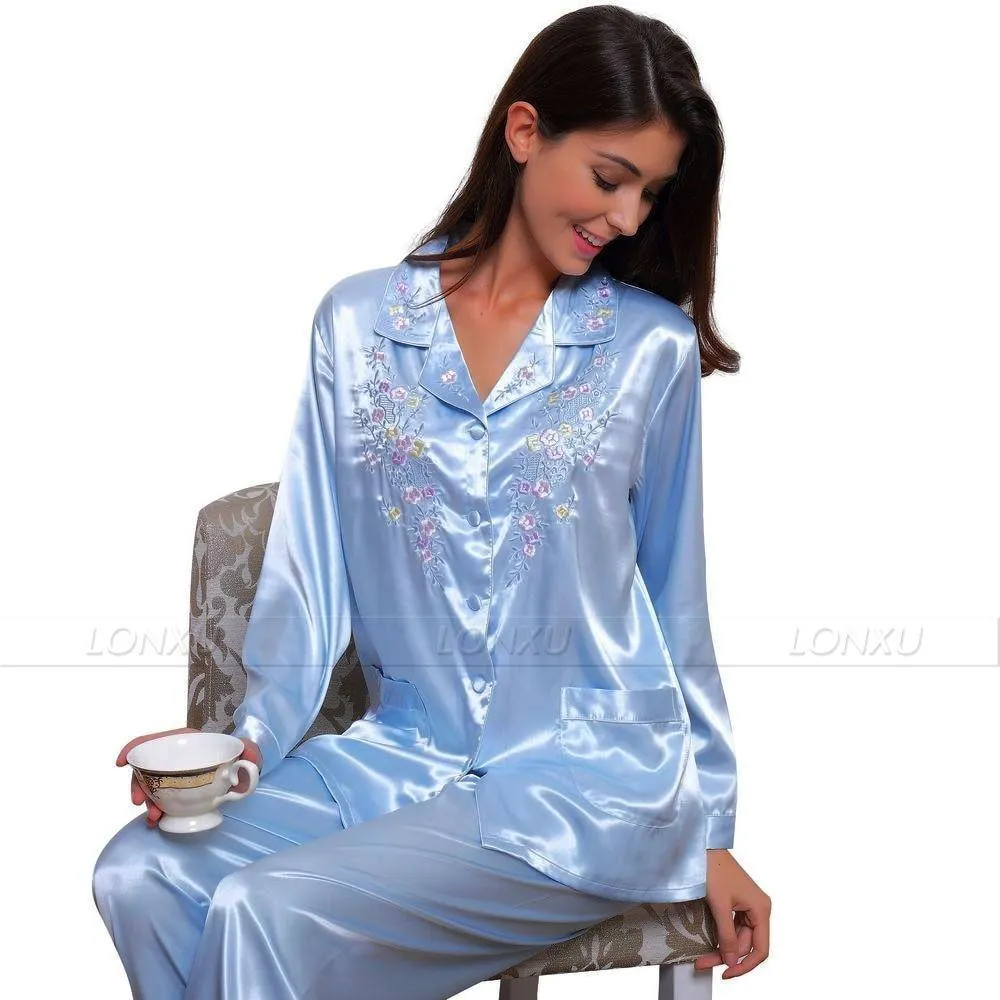 Women Silk Pajama, Embroidered