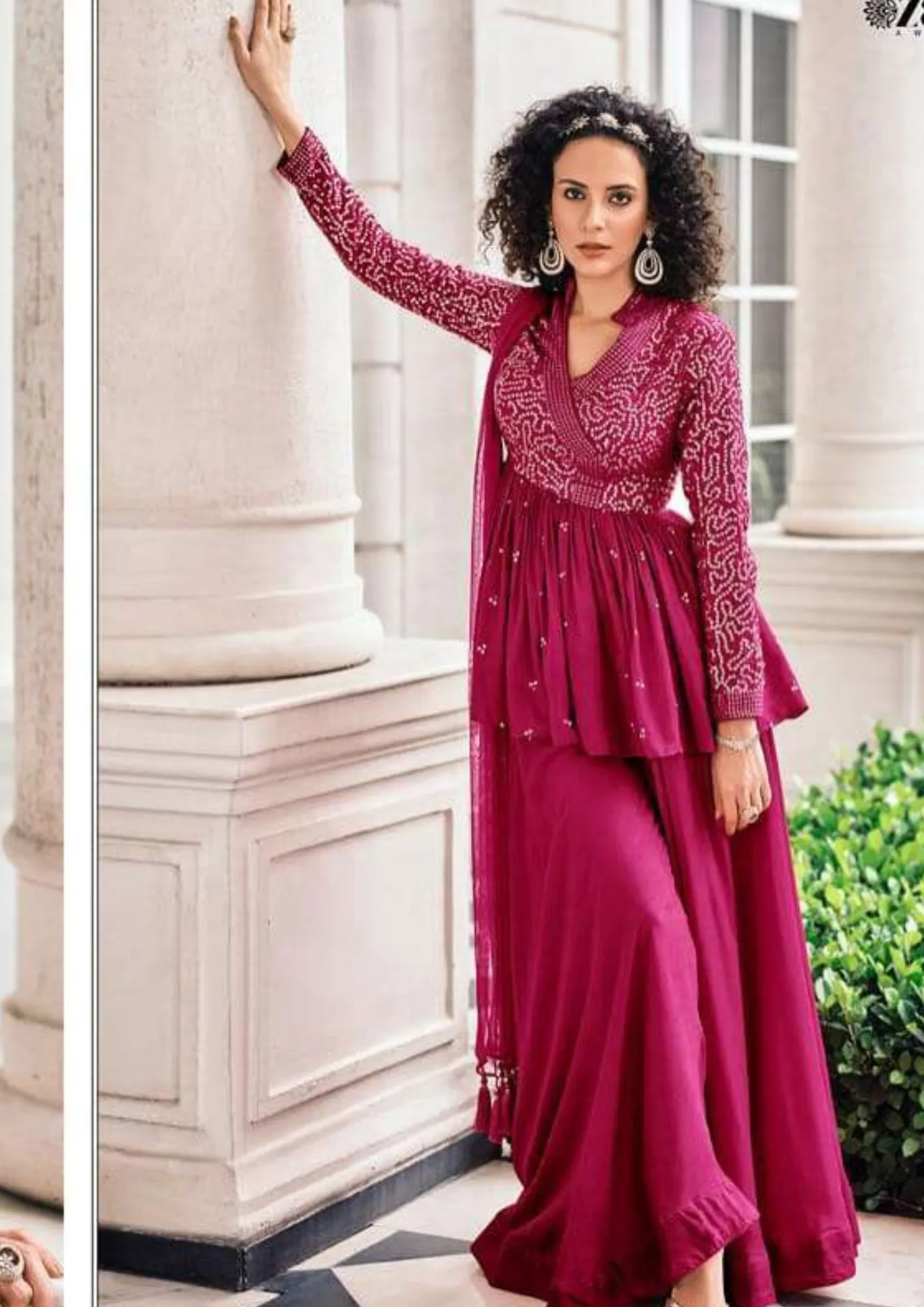 Stunning Pink Color Chinon Embroidered Work Kurti  With Palazzo Pants