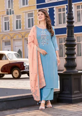 Stunning Blue Color Designer Rayon Kurti Suit With Chanderi print Fancy Dupatta