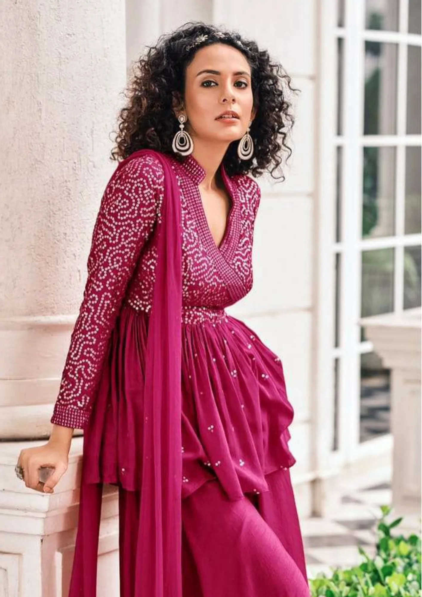 Stunning Pink Color Chinon Embroidered Work Kurti  With Palazzo Pants