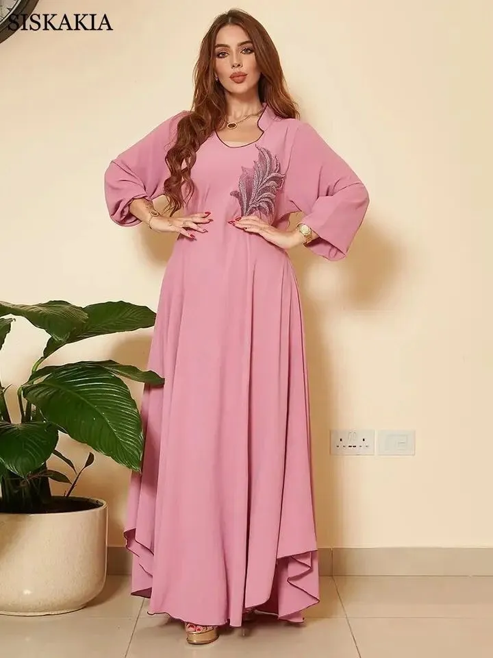 Elegant Long Maxi Dress Women Fashion Crew Neck Pleated Robe Appliques Asymmetric Hem Casual Loose Ladies Dresses Ramadan S4458072