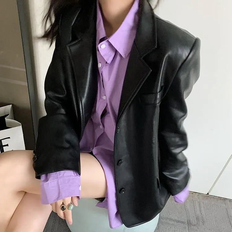 Runway Oversized Leather Blazer Women - Casual - Plain-Solid