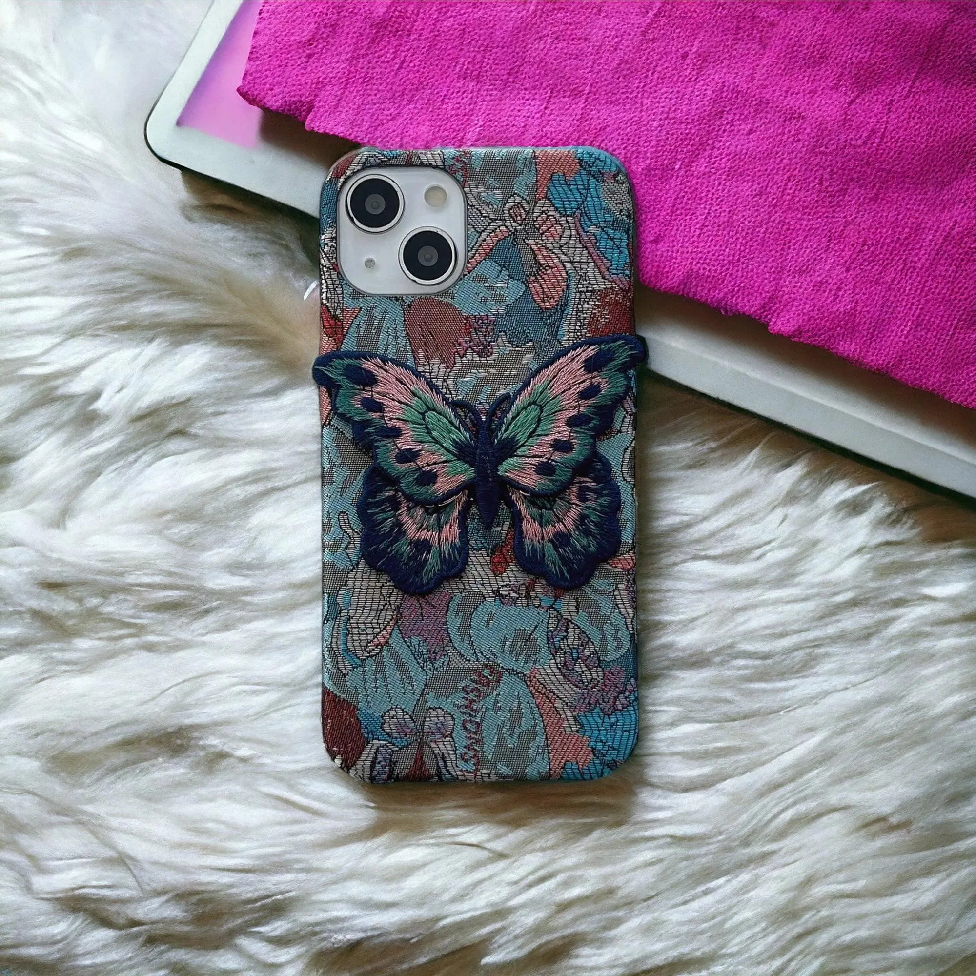 Cute Fabric Butterfly Phone Case for iPhone 15 Pro Max, 14, 13, 11, 12