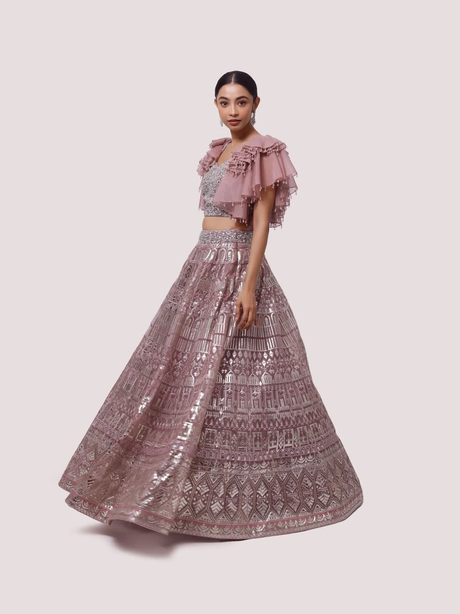 30Z323-RO Pink Organza Lehenga Set With Pearl Work