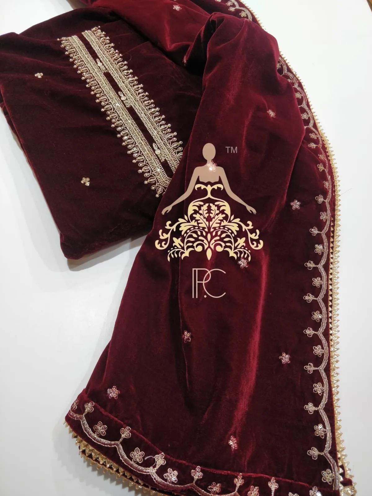 Embroidered Velvet Shirt With Zardozi , Pearl & Sequins Work-RIDA001VS