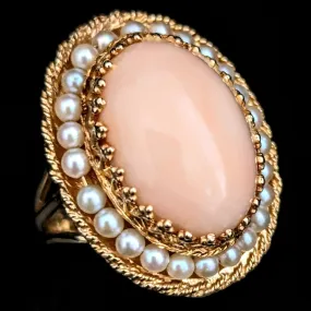 The Alton - Retro Era Angelskin Coral Pearls 14k Gold Cocktail Ring