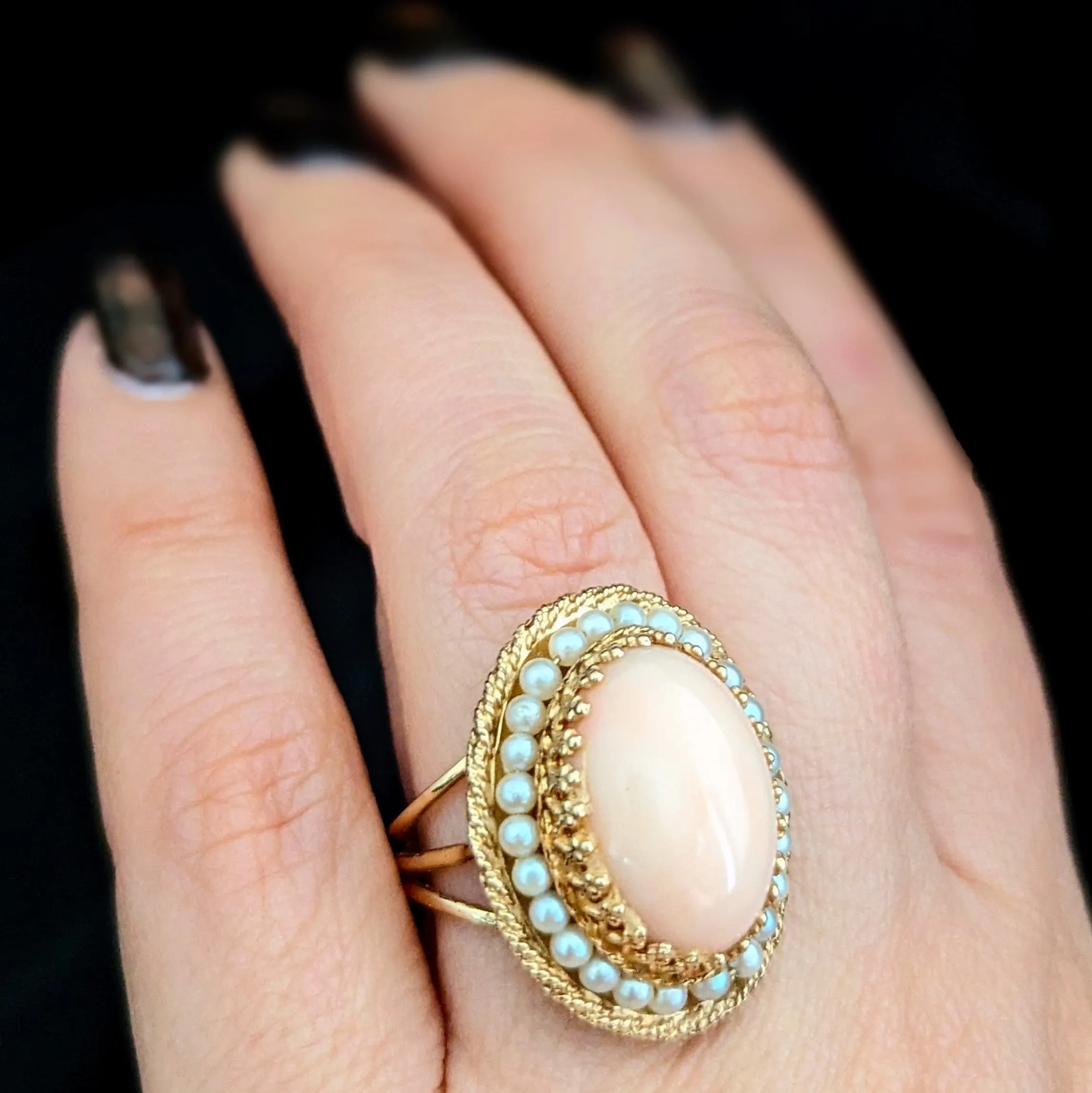 The Alton - Retro Era Angelskin Coral Pearls 14k Gold Cocktail Ring