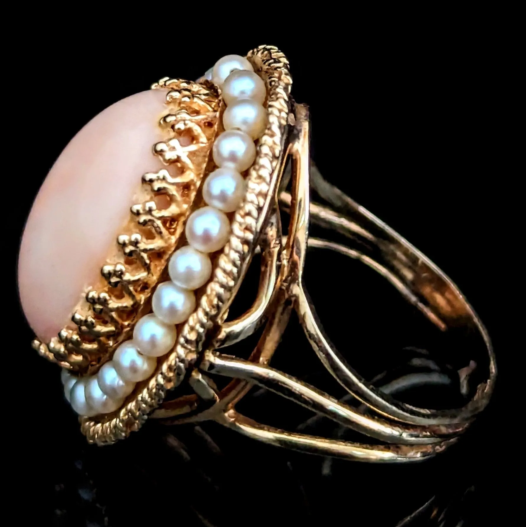 The Alton - Retro Era Angelskin Coral Pearls 14k Gold Cocktail Ring