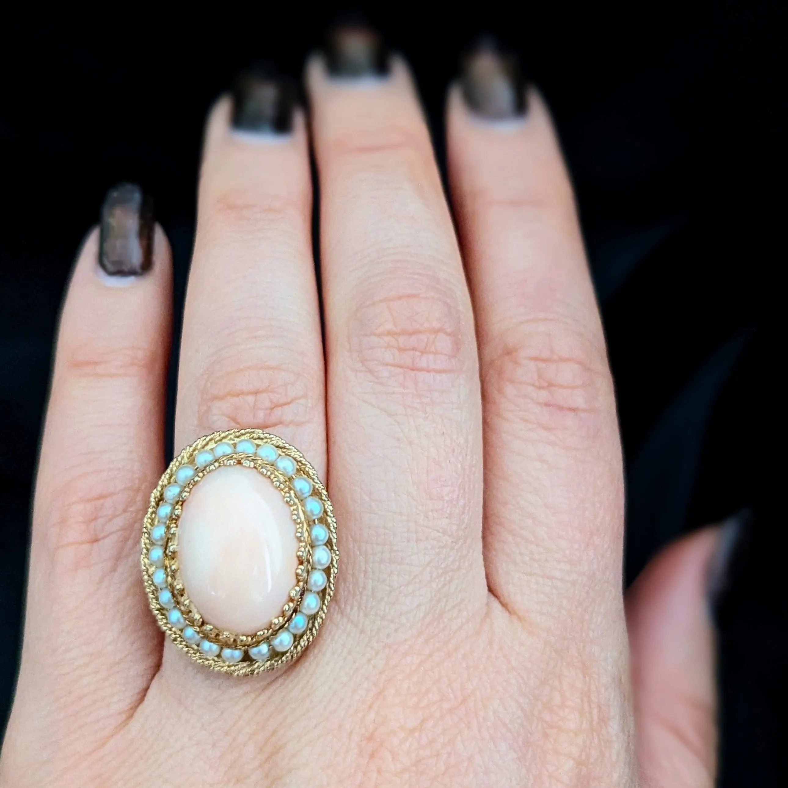 The Alton - Retro Era Angelskin Coral Pearls 14k Gold Cocktail Ring