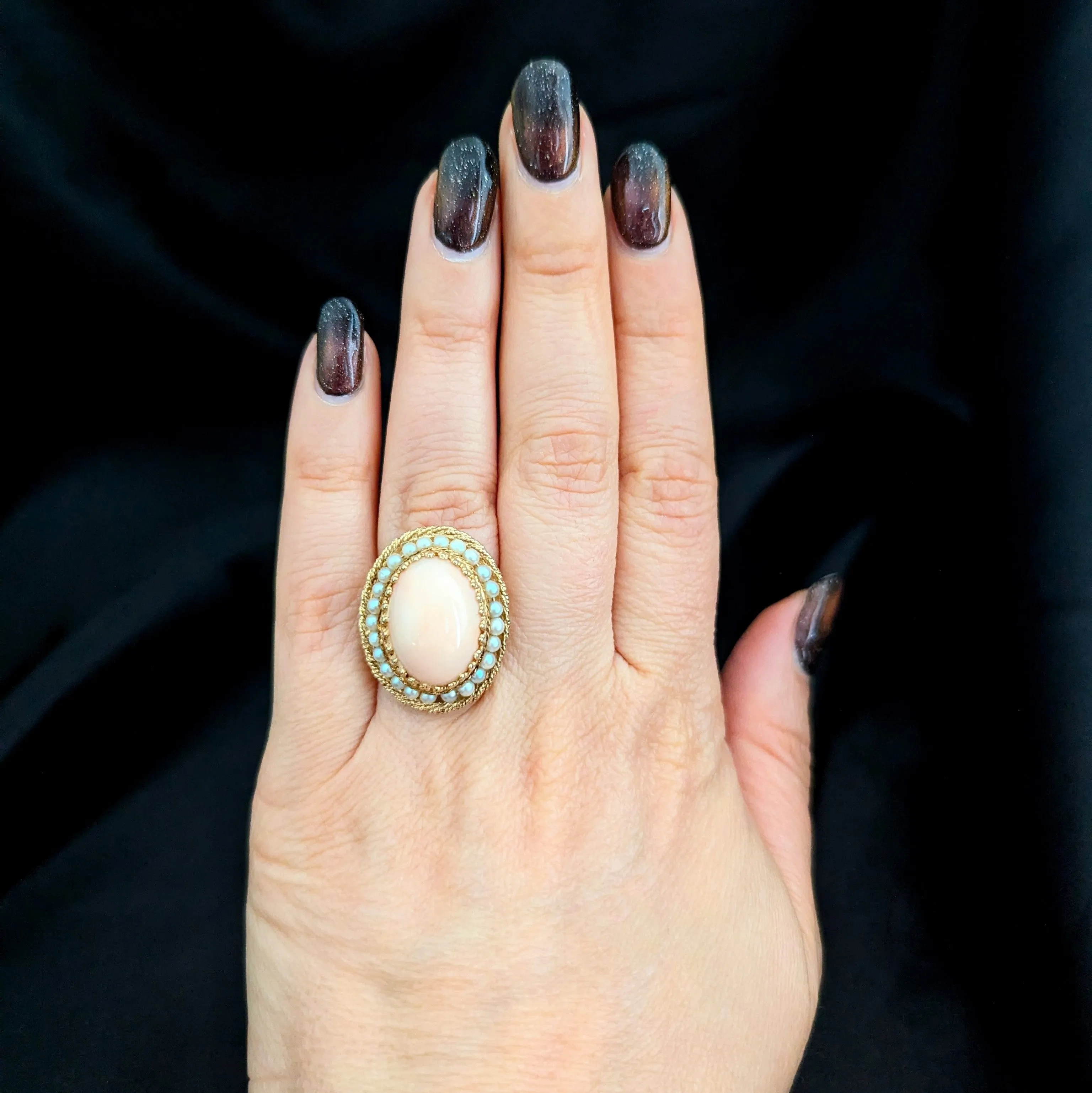 The Alton - Retro Era Angelskin Coral Pearls 14k Gold Cocktail Ring