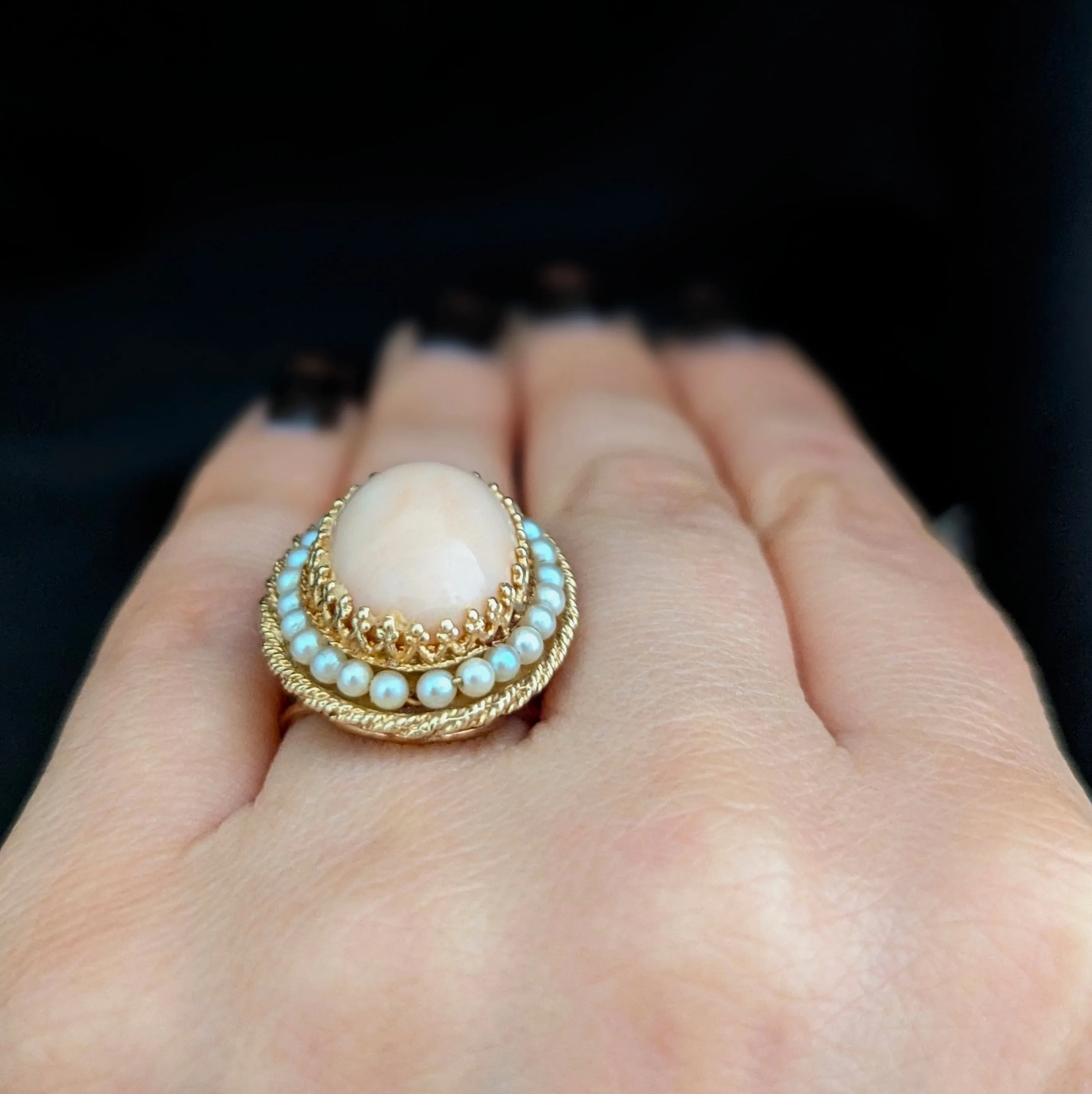 The Alton - Retro Era Angelskin Coral Pearls 14k Gold Cocktail Ring