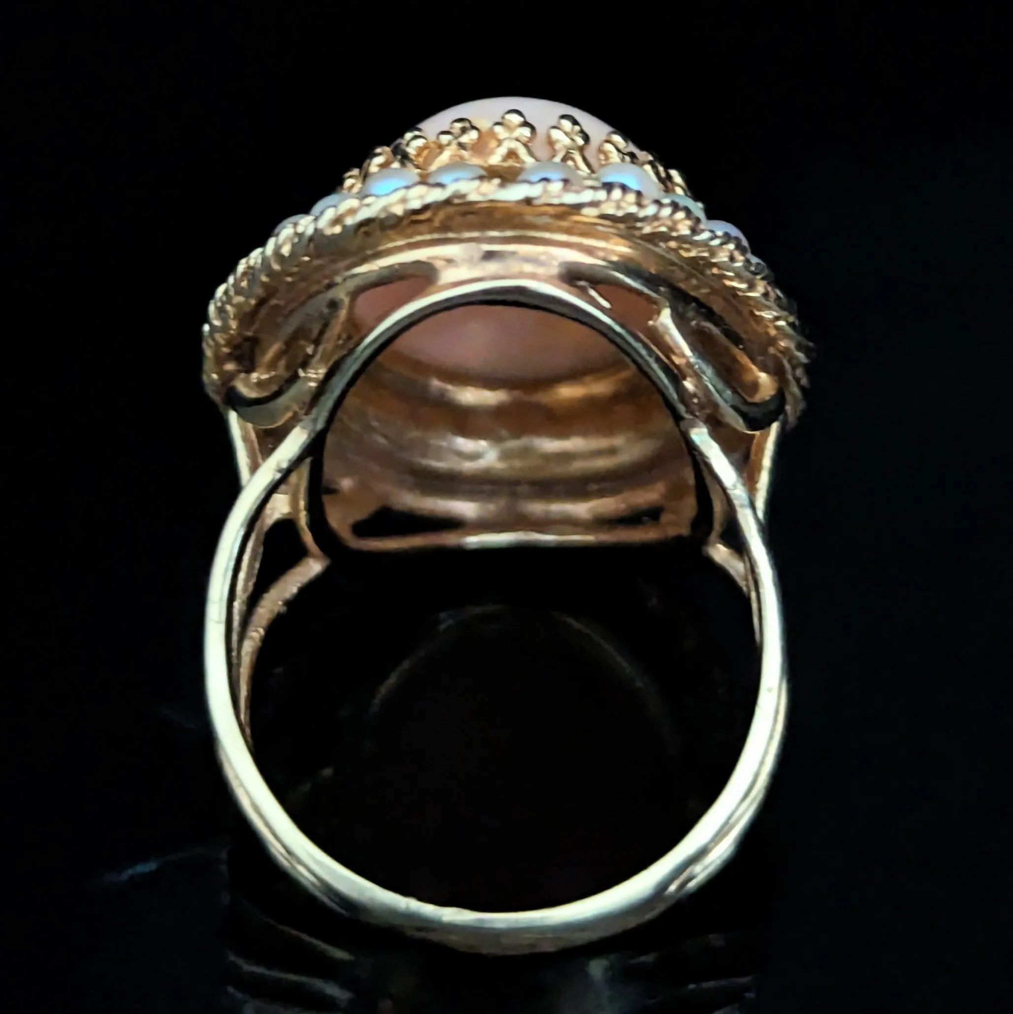 The Alton - Retro Era Angelskin Coral Pearls 14k Gold Cocktail Ring