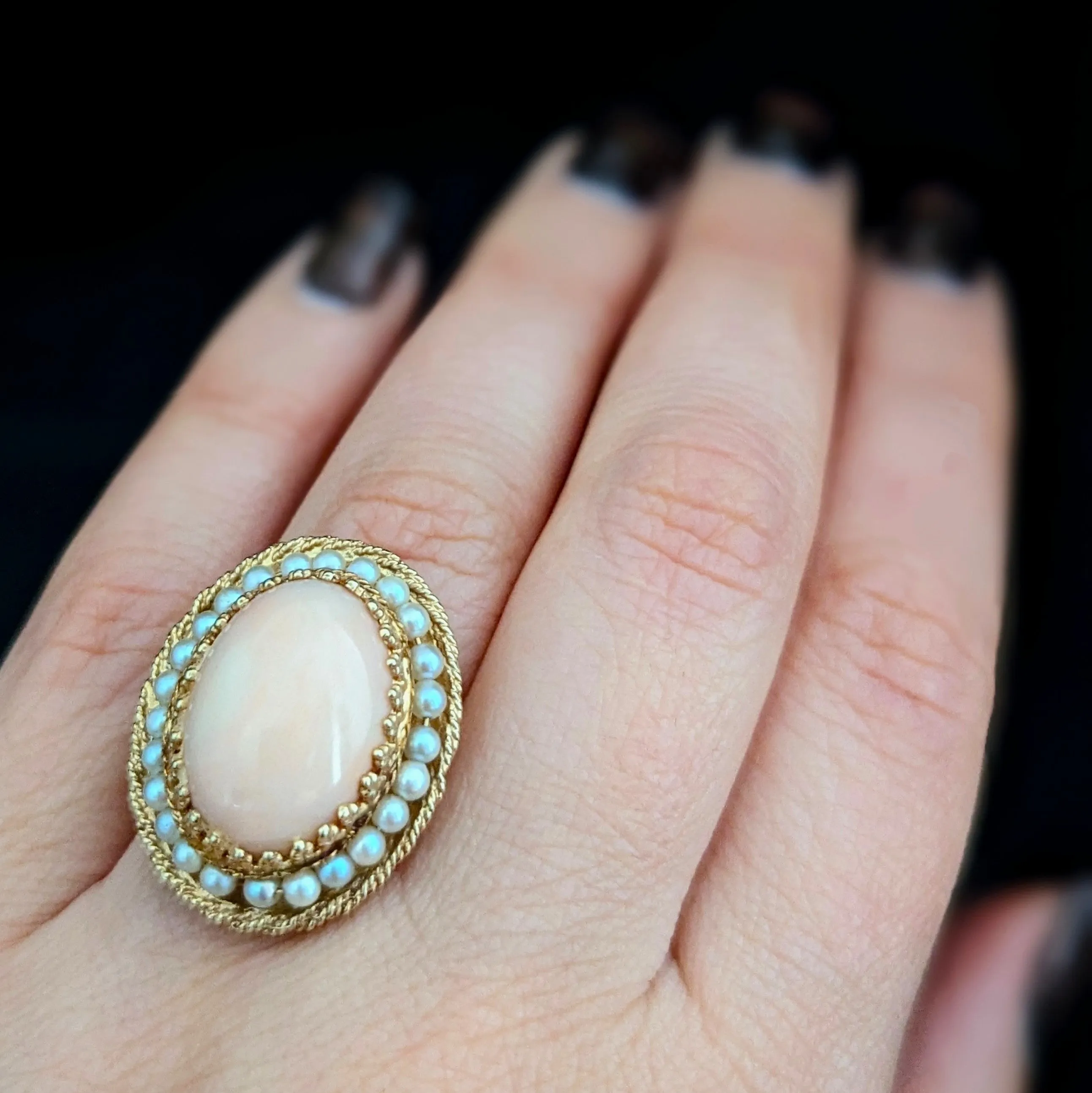 The Alton - Retro Era Angelskin Coral Pearls 14k Gold Cocktail Ring