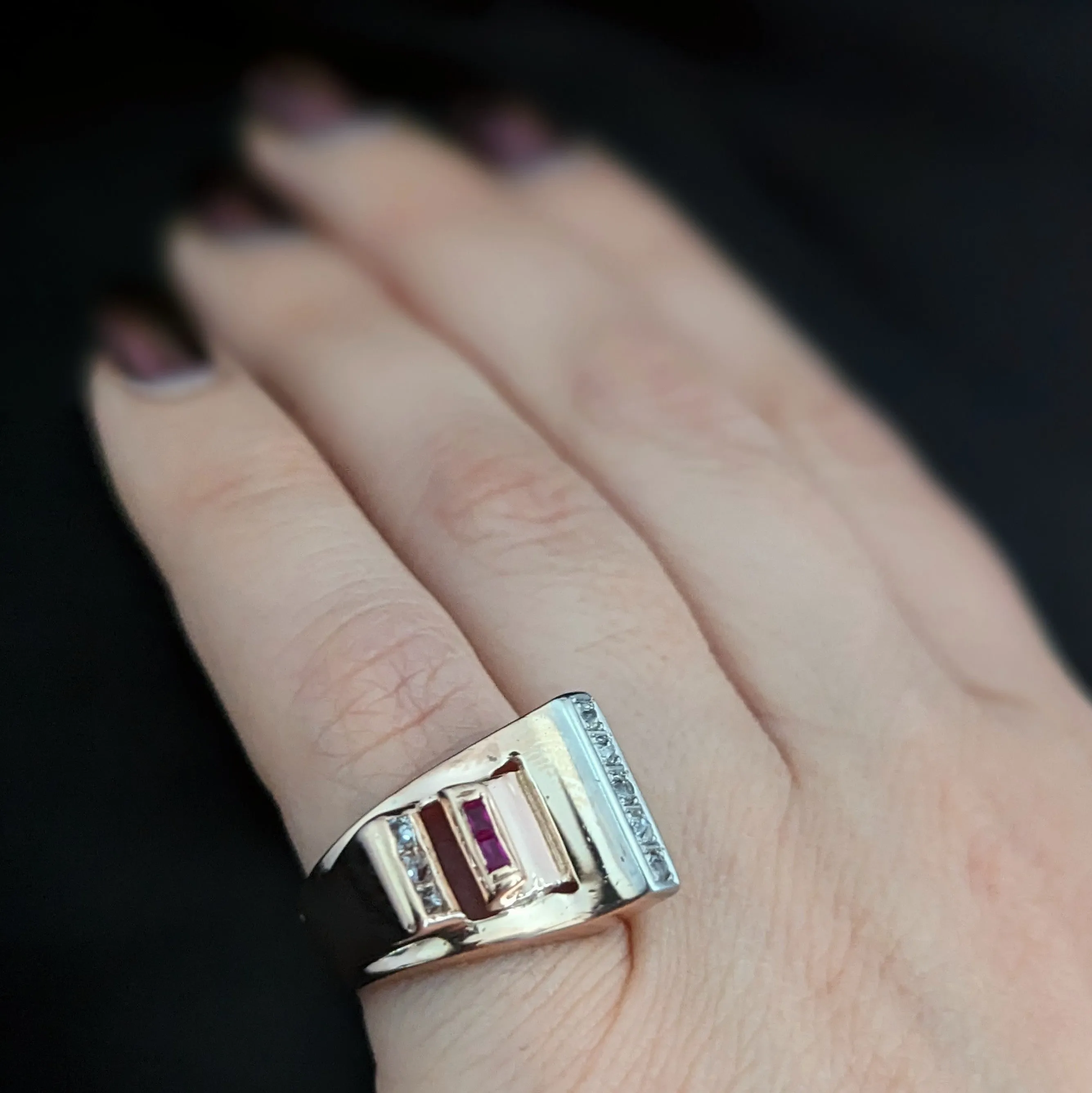 The Hampton - 1940s Diamond Ruby 14k Rose Gold Cocktail Ring