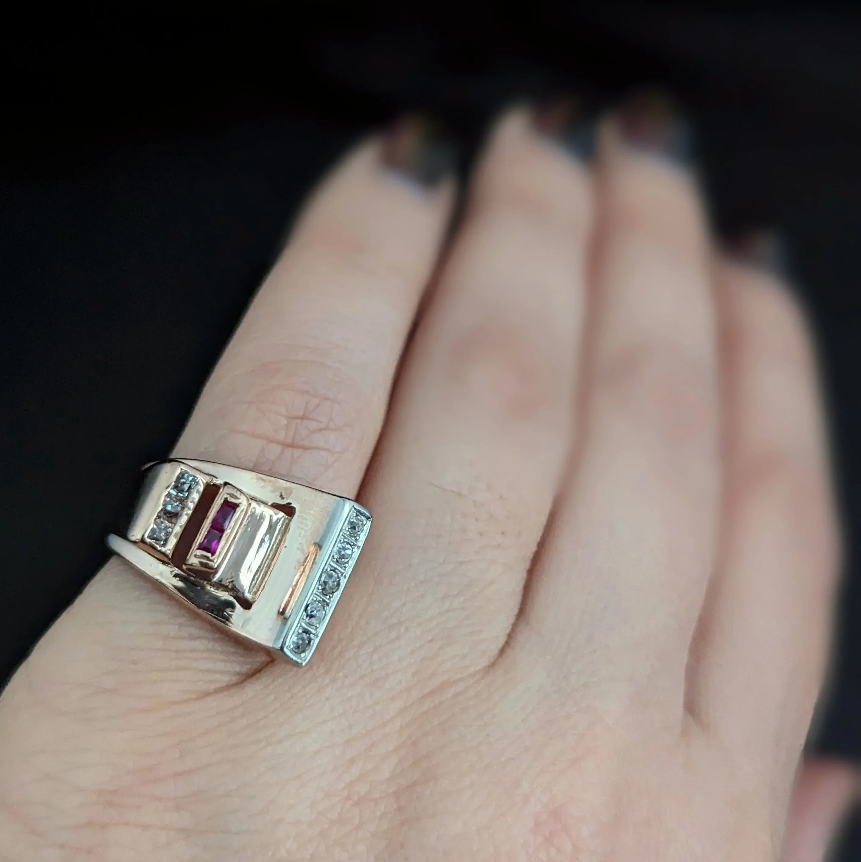 The Hampton - 1940s Diamond Ruby 14k Rose Gold Cocktail Ring