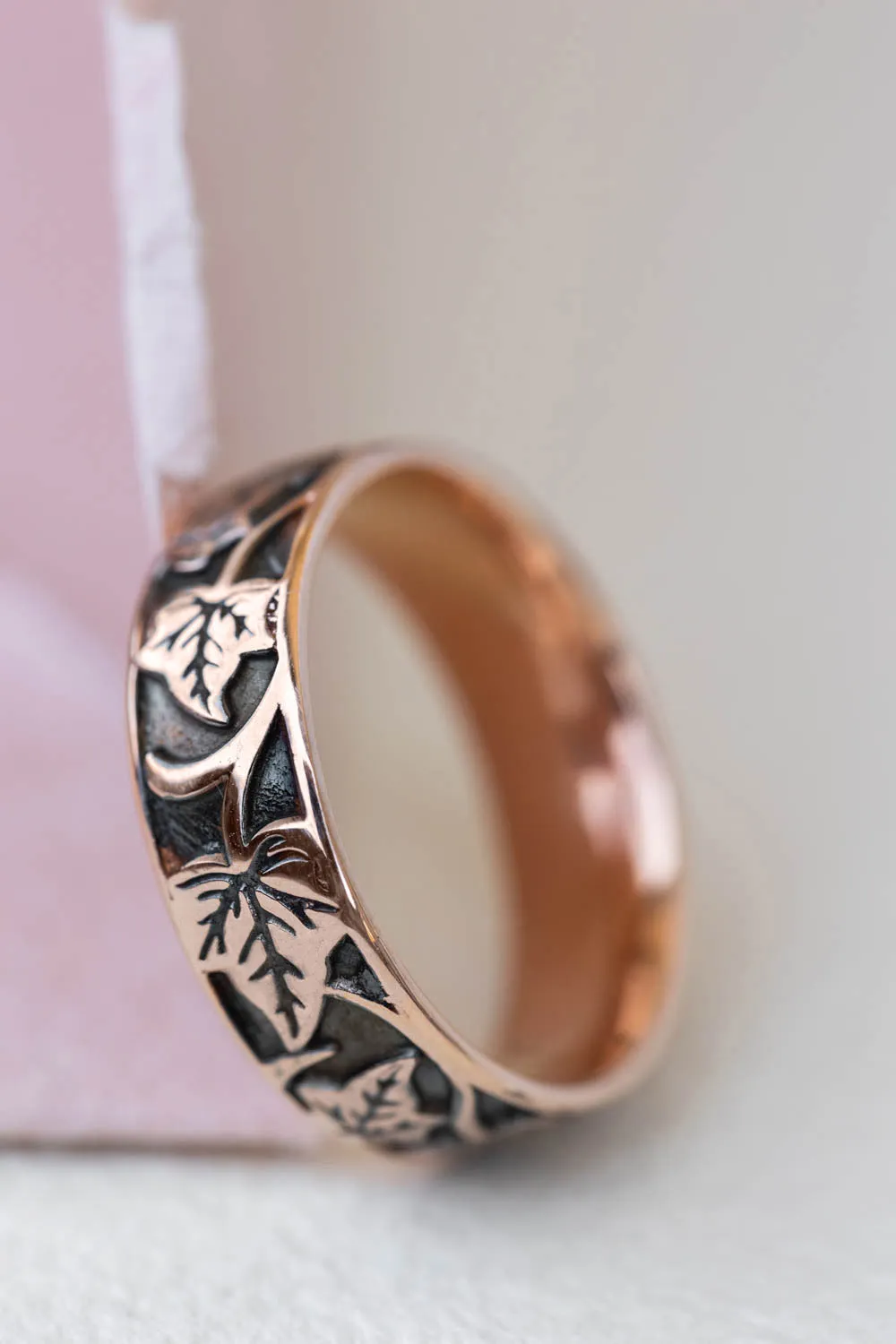 White gold ivy leaves pattern wedding band, men's wedding band with leaf motif