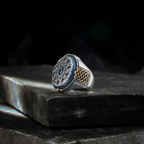 THE OSPREY -  Premium Quality Hand Crafted Silver Man Ring with Ellipse Blue Agate Stone and Blue Zircons