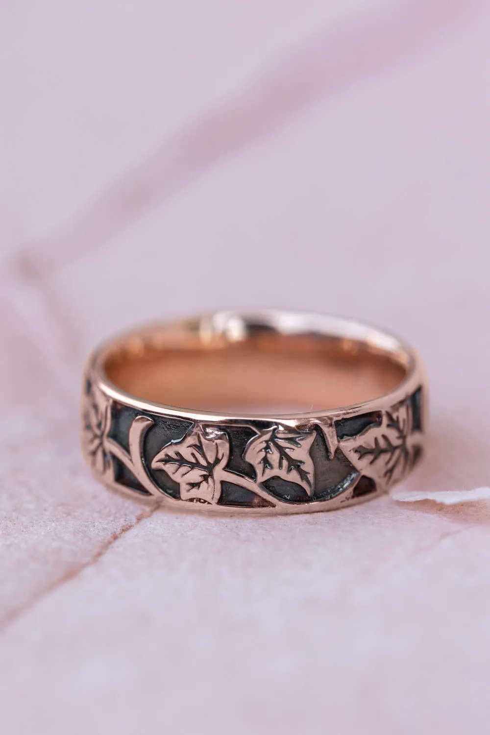 White gold ivy leaves pattern wedding band, men's wedding band with leaf motif