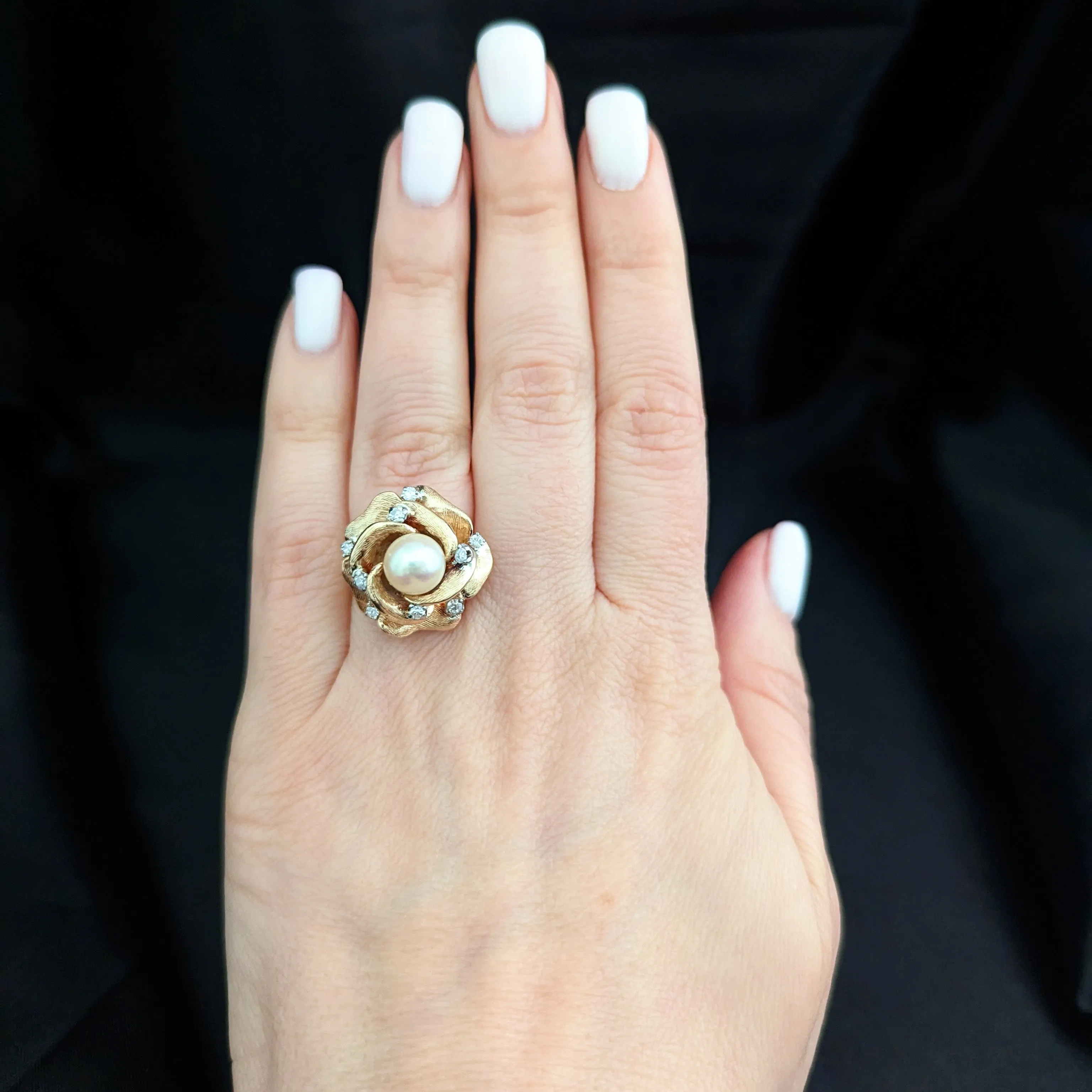 The Savannah - Vintage Pearl Diamond 14k Gold Cocktail Rose Ring c.1960s