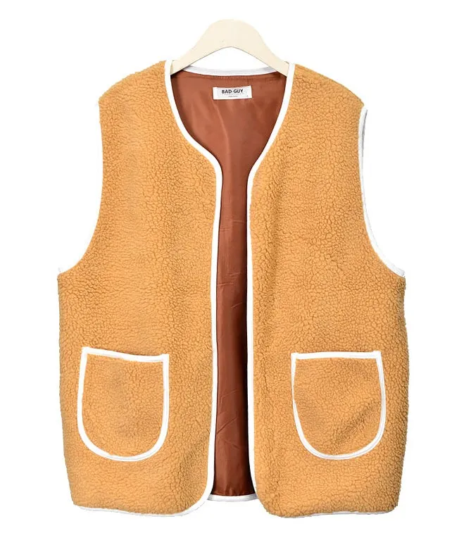 Beige Shearling Vests Mens Winter Outerwear Cozy Waistcoats Casual