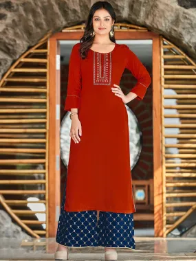 Trendy Red Round Neck Rayon Kurti With Designed Palazzo Pant