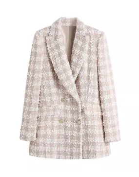 Tweed Knitted Long Blazer In Beige