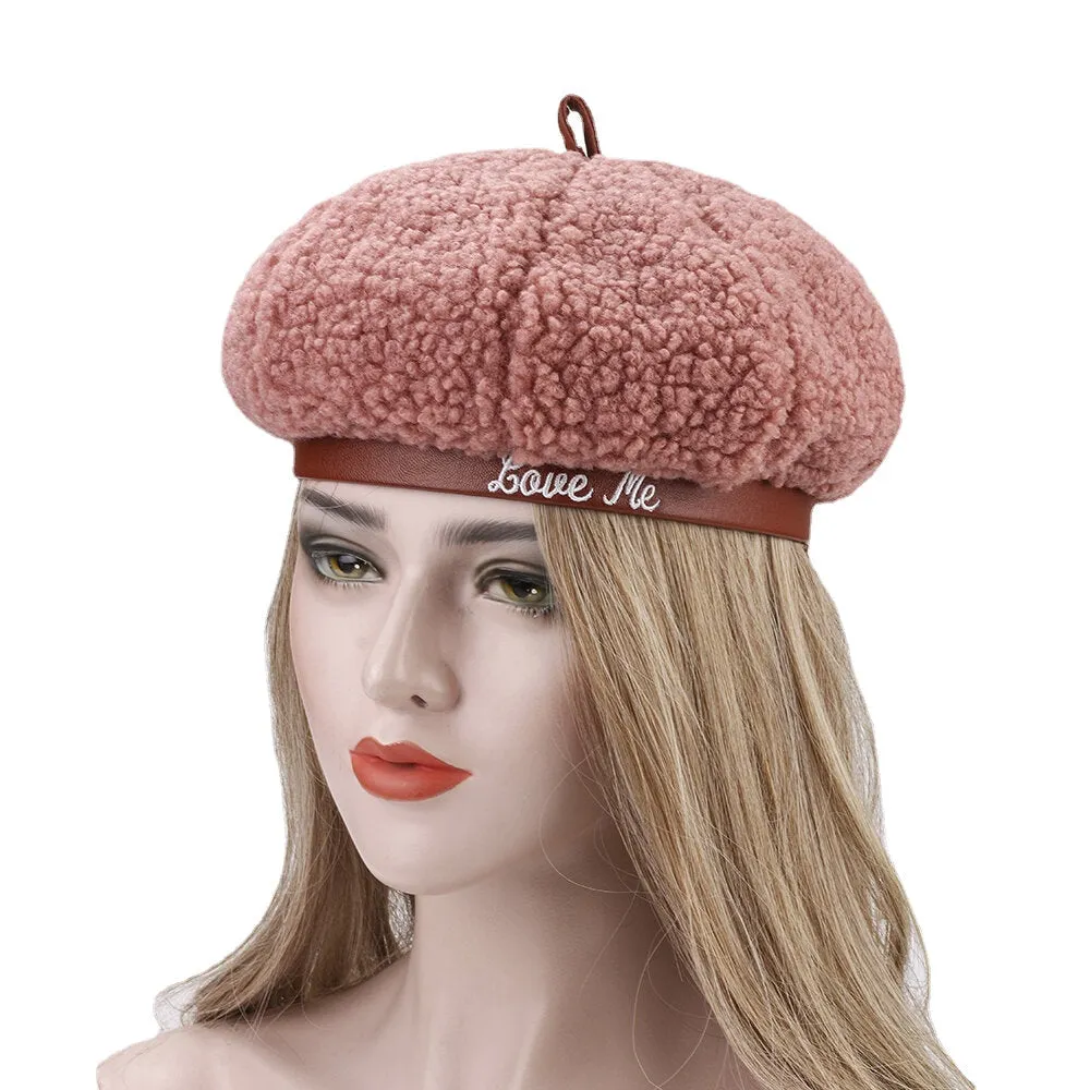 Women Lamb Hair Plus Velvet Warm Young All-match Painter Hat Newsboy Hat Octagonal Hat Beret Hat