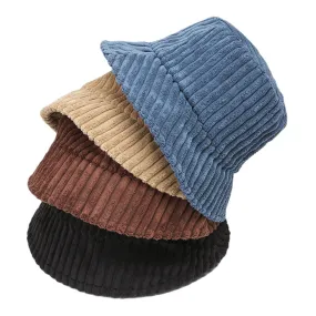 Unisex Corduroy Stripes Pattern Solid Color Warm Ear Protection Couple Hat Bucket Hat